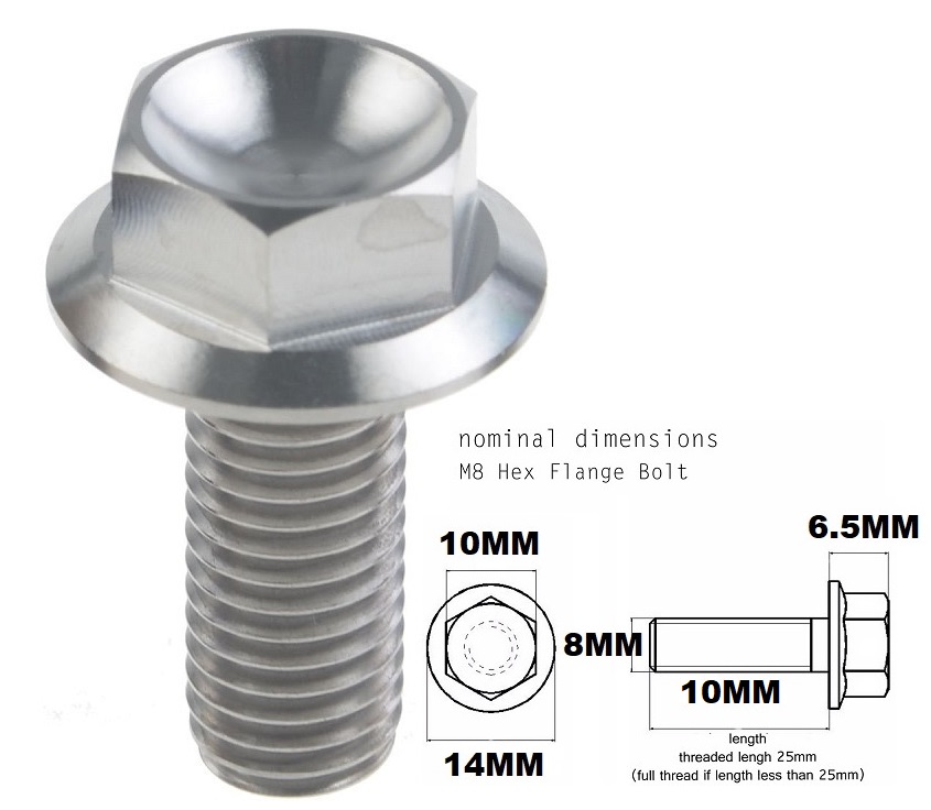 M8X10MM 1.25 THREAD PITCH TITANIUM FLANGED 10MM HEX BOLT GRADE 5